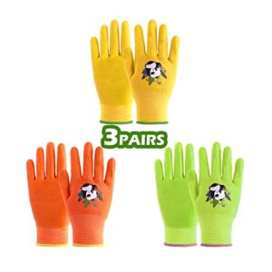 3 pairs kids gardening gloves for yard work for age 2-13, children gardening gloves with rubber coated palm for girls boys (size 2 (age 2-4), 3 colors)