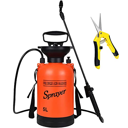 iPower 1.35 Gallon Lawn Garden Pump Sprayer Adjustable Shoulder Strap, Pressure Relief Valve, with 6.5 Inch Hand Pruner Combo, Stainless Steel Blades, Spray Bottle & Yellow, Yellow