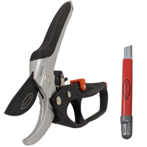 heavy duty ratchet pruner with carbide sharpener and oil sponge. these anvil style pruning shears double your cutting strength. great for seniors or anyone with thick branches to cut. by truly garden