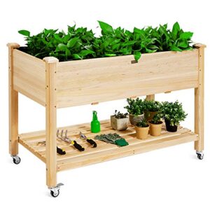 giantex raised garden bed on wheels, wood planter box with legs, liner, drain holes, elevated garden bed for vegetables, standing garden container for backyard, patio, 47.5″ lx 23.5″ wx 33″ h