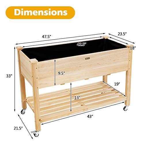 Giantex Raised Garden Bed on Wheels, Wood Planter Box with Legs, Liner, Drain Holes, Elevated Garden Bed for Vegetables, Standing Garden Container for Backyard, Patio, 47.5" LX 23.5" WX 33" H