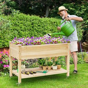 Giantex Raised Garden Bed on Wheels, Wood Planter Box with Legs, Liner, Drain Holes, Elevated Garden Bed for Vegetables, Standing Garden Container for Backyard, Patio, 47.5" LX 23.5" WX 33" H