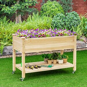 Giantex Raised Garden Bed on Wheels, Wood Planter Box with Legs, Liner, Drain Holes, Elevated Garden Bed for Vegetables, Standing Garden Container for Backyard, Patio, 47.5" LX 23.5" WX 33" H