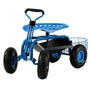 sunnydaze garden cart rolling scooter – features extendable steer handle, swivel seat and utility tool tray – blue