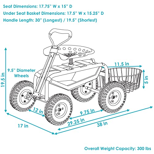 Sunnydaze Garden Cart Rolling Scooter - Features Extendable Steer Handle, Swivel Seat and Utility Tool Tray - Blue