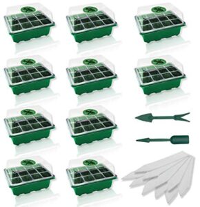uncle jc-10-pack seed starter tray (12 cells per tray) house seed starter kit for garden seedling tray with humidity adjustable plant starter kit with dome and green base plus plant tags hand (green)