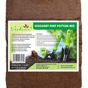 Verdana Coconut Fiber Potting Mix – 5 Lb Pack - 4x 1.25 Lb Compressed Bricks - Coco Coir, Coco Peat, Coir Pith - Alternative to Peat Moss – Soilless Growing Medium - Low EC, Optimum pH, High Expansion