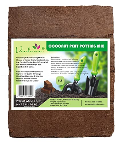 Verdana Coconut Fiber Potting Mix – 5 Lb Pack - 4x 1.25 Lb Compressed Bricks - Coco Coir, Coco Peat, Coir Pith - Alternative to Peat Moss – Soilless Growing Medium - Low EC, Optimum pH, High Expansion