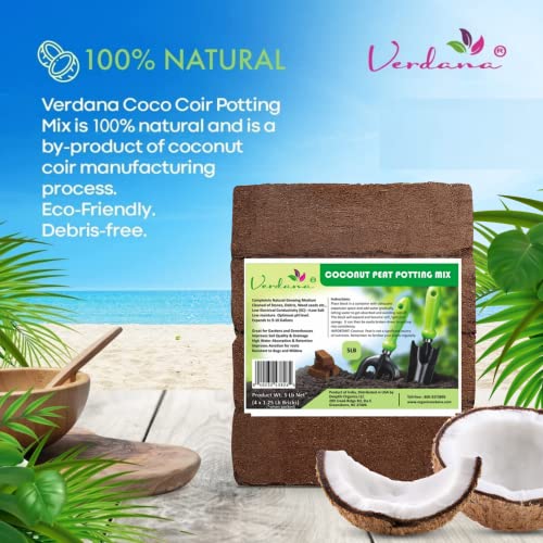 Verdana Coconut Fiber Potting Mix – 5 Lb Pack - 4x 1.25 Lb Compressed Bricks - Coco Coir, Coco Peat, Coir Pith - Alternative to Peat Moss – Soilless Growing Medium - Low EC, Optimum pH, High Expansion