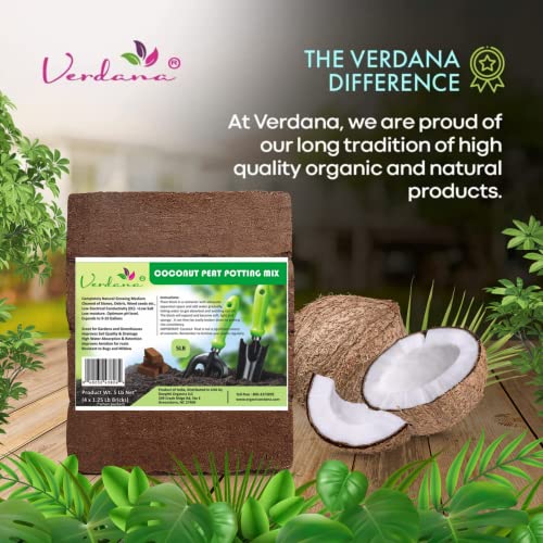 Verdana Coconut Fiber Potting Mix – 5 Lb Pack - 4x 1.25 Lb Compressed Bricks - Coco Coir, Coco Peat, Coir Pith - Alternative to Peat Moss – Soilless Growing Medium - Low EC, Optimum pH, High Expansion