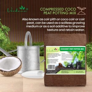 Verdana Coconut Fiber Potting Mix – 5 Lb Pack - 4x 1.25 Lb Compressed Bricks - Coco Coir, Coco Peat, Coir Pith - Alternative to Peat Moss – Soilless Growing Medium - Low EC, Optimum pH, High Expansion