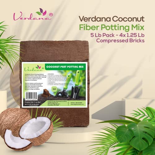 Verdana Coconut Fiber Potting Mix – 5 Lb Pack - 4x 1.25 Lb Compressed Bricks - Coco Coir, Coco Peat, Coir Pith - Alternative to Peat Moss – Soilless Growing Medium - Low EC, Optimum pH, High Expansion