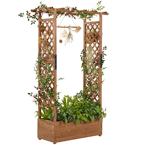 AMERLIFE Wood Planter with Trellis Raised Garden Bed 71 Inch Height 2 Side Trellis Privacy Fence, Flower Vine Climbing Planters Outdoor Indoor Patio Gardening