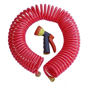 tabor tools coil garden hose, 25 feet retractable recoil watering hose with 8-pattern spray nozzle, corrosion resistant 3/4 inch solid brass connectors, lightweight and durable. wk25a. (25 feet)