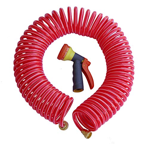 TABOR TOOLS Coil Garden Hose, 25 Feet Retractable Recoil Watering Hose with 8-Pattern Spray Nozzle, Corrosion Resistant 3/4 Inch Solid Brass Connectors, Lightweight and Durable. WK25A. (25 Feet)