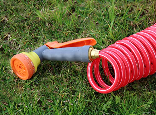 TABOR TOOLS Coil Garden Hose, 25 Feet Retractable Recoil Watering Hose with 8-Pattern Spray Nozzle, Corrosion Resistant 3/4 Inch Solid Brass Connectors, Lightweight and Durable. WK25A. (25 Feet)