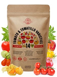 14 rare tomato & tomatillo garden seeds variety pack for planting outdoors & indoor home gardening 800+ non-gmo heirloom tomato & tomatillo seeds: beefsteak, roma, pear, thai, cherry tomatoes & more