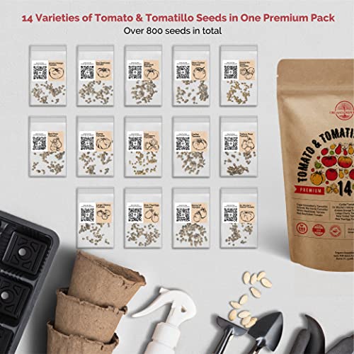 14 Rare Tomato & Tomatillo Garden Seeds Variety Pack for Planting Outdoors & Indoor Home Gardening 800+ Non-GMO Heirloom Tomato & Tomatillo Seeds: Beefsteak, Roma, Pear, Thai, Cherry Tomatoes & More