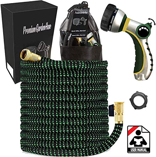 Water Hose Heavy Duty Expandable Hose – Black Green, Triple Layer, Stronger Triple Latex Core, Heavy Duty, Thumb Control Spray Nozzle 3/4 USA (75ft)