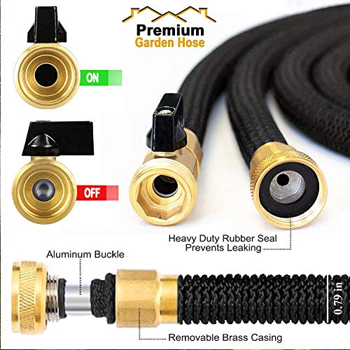 Water Hose Heavy Duty Expandable Hose – Black Green, Triple Layer, Stronger Triple Latex Core, Heavy Duty, Thumb Control Spray Nozzle 3/4 USA (75ft)