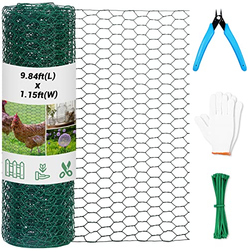 Chicken Wire Fence for Craft,13.78 x 118 Inch Lightweight Galvanized Hexagonal Chicken Wire Netting, Chicken Wire Mesh for Garden Poultry, Floral Chicken Wire Fencing with Gloves, Wire Ties and Plier