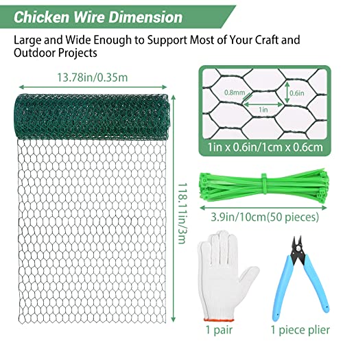 Chicken Wire Fence for Craft,13.78 x 118 Inch Lightweight Galvanized Hexagonal Chicken Wire Netting, Chicken Wire Mesh for Garden Poultry, Floral Chicken Wire Fencing with Gloves, Wire Ties and Plier