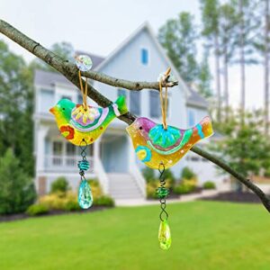 fused glass bird window suncatcher,indoor and outdoor hanging decoration,with crystal pendant and suction cup,2 pack ornament for home and garden