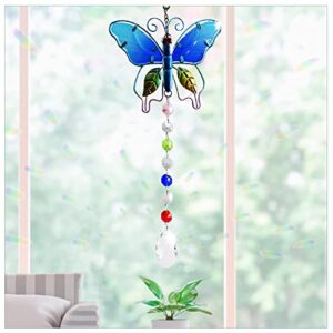 Andiker Crystal Suncatchers Hanging, Stained Glass Butterfly Crystal Ball Prisms Ornament, Rainbow Maker Home Décor for Windows Chandelier Home Garden, Gift for Bird Lovers (Blue)