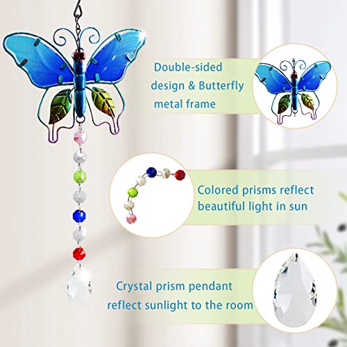 Andiker Crystal Suncatchers Hanging, Stained Glass Butterfly Crystal Ball Prisms Ornament, Rainbow Maker Home Décor for Windows Chandelier Home Garden, Gift for Bird Lovers (Blue)