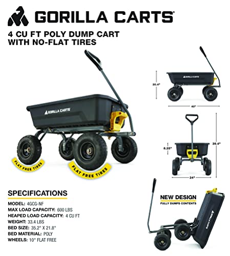 Gorilla Carts 4GCG-NF 4 Cu. Ft. Poly Garden Dump Cart with No-Flat Tires, Black (Amazon Exclusive)