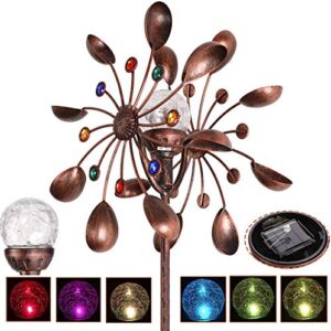 hdnicezm solar wind spinner multi-color led lighting by solar powered glass ball with kinetic wind aculptures dual direction decorative lawn ornament wind mill.