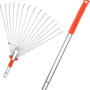 Karveden Adjustable Leaf Rake Garden- Expandable Metal Rakes for Lawns Yard Roof , Outdoor Portable Gardening Tools 8 to 63 Inch Telescopic Rake Easy to Clean Weed, Flowers,Leaves (Orange)