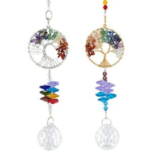 2 packs hanging crystals suncatcher – life tree crystal pendant rainbow crystal ornament crystal ball prism chakra crystals for window, garden, home decoration