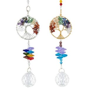 2 Packs Hanging Crystals Suncatcher - Life Tree Crystal Pendant Rainbow Crystal Ornament Crystal Ball Prism Chakra Crystals for Window, Garden, Home Decoration