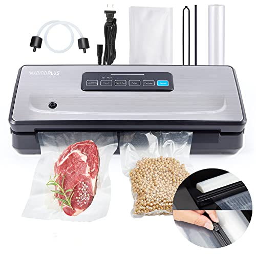 Food Sealer Vacuum Sealer Machine 10-In-1 with Full Starter Kit Built-in Cutter and Bag Storage(Up to 20ft), INKBIRD Moist/Dry/Pulse/Canister/Seal Food Vacuum Sealer Machine with Sealer Bag*5 (8"*11.8") and Bag Roll*1 (11"*118"), Sealing Strip & Foam Gask