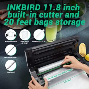 Food Sealer Vacuum Sealer Machine 10-In-1 with Full Starter Kit Built-in Cutter and Bag Storage(Up to 20ft), INKBIRD Moist/Dry/Pulse/Canister/Seal Food Vacuum Sealer Machine with Sealer Bag*5 (8"*11.8") and Bag Roll*1 (11"*118"), Sealing Strip & Foam Gask