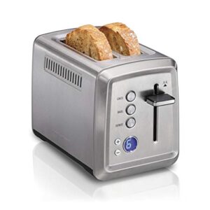 hamilton beach 2 slice toaster with digital read out, extra-wide slots, bagel setting, toast boost, slide-out crumb tray, auto-shutoff & cancel button, defrost function, stainless steel (22796)