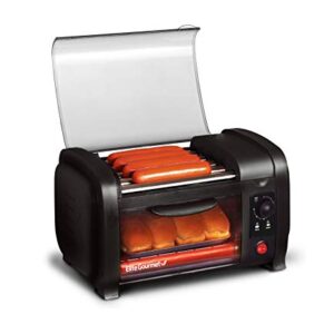 Elite Gourmet Elite Cuisine EHD-051B# Hot Dog Toaster Oven, 30-Min Timer, Stainless Steel Heat Rollers Bake & Crumb Tray, World Series Baseball, 4 Bun Capacity, Black