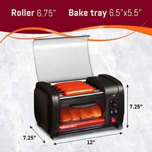 Elite Gourmet Elite Cuisine EHD-051B# Hot Dog Toaster Oven, 30-Min Timer, Stainless Steel Heat Rollers Bake & Crumb Tray, World Series Baseball, 4 Bun Capacity, Black