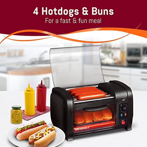 Elite Gourmet Elite Cuisine EHD-051B# Hot Dog Toaster Oven, 30-Min Timer, Stainless Steel Heat Rollers Bake & Crumb Tray, World Series Baseball, 4 Bun Capacity, Black