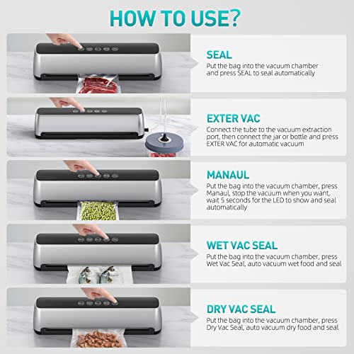 Vacuum-Sealer-Machine for Food Saver - Food-Vacuum-Sealer Automatic Air Sealing System for Food Storage Dry and Wet Food Modes LED Indicator Compact Design 11.8 Inch with 15Pcs Seal Bags Starter Kit