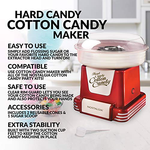 Nostalgia Retro Countertop Cotton Candy Maker, Vintage Candy Machine for Hard Candy & Flossing Sugar, Includes 2 reusable cones, 1 sugar scoop, and 1 Extractor head, Retro Red