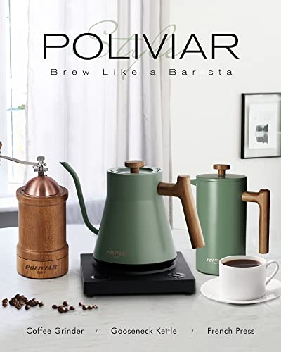 POLIVIAR Electric Gooseneck Kettle, 1200W Electric Tea Kettle Real Wood Handle, 34oz Pour Over Electric Kettle for Coffee & Tea, 18/8 Stainless Steel Inner, Temperature Control & Rapid Heating