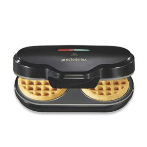 proctor silex double mini waffle maker machine with 4” round non-stick grids, makes 2 personalized individual breakfast chaffles and hashbrowns, compact, black (26102)