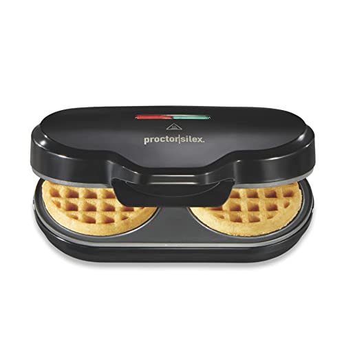 Proctor Silex Double Mini Waffle Maker Machine with 4” Round Non-stick Grids, Makes 2 Personalized Individual Breakfast Chaffles and Hashbrowns, Compact, Black (26102)