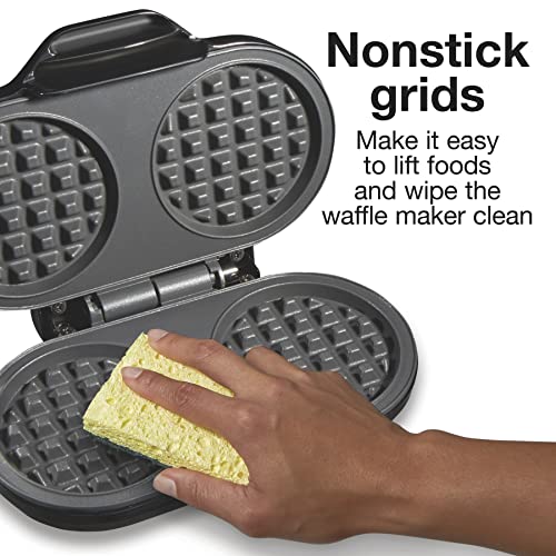 Proctor Silex Double Mini Waffle Maker Machine with 4” Round Non-stick Grids, Makes 2 Personalized Individual Breakfast Chaffles and Hashbrowns, Compact, Black (26102)