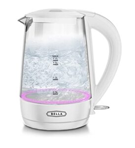 bella 1.7 liter glass electric kettle, quickly boil 7 cups of water in 6-7 minutes, soft pink led lights illuminate while boiling, cordless portable water heater, carefree auto shut-off, white