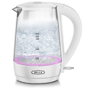 BELLA 1.7 Liter Glass Electric Kettle, Quickly Boil 7 Cups of Water in 6-7 Minutes, Soft Pink LED Lights Illuminate While Boiling, Cordless Portable Water Heater, Carefree Auto Shut-Off, White