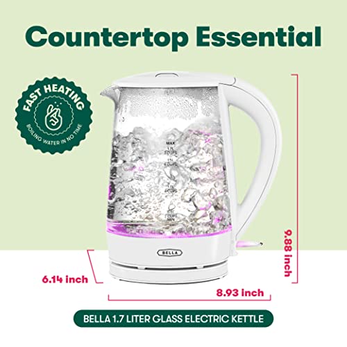 BELLA 1.7 Liter Glass Electric Kettle, Quickly Boil 7 Cups of Water in 6-7 Minutes, Soft Pink LED Lights Illuminate While Boiling, Cordless Portable Water Heater, Carefree Auto Shut-Off, White