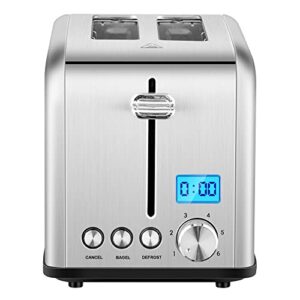 toaster 2 slice, redmond stainless steel toaster with led countdown timer display, 1.5″ wide slot compact toaster with bagel/defrost/cancel function, 6 shade control, removable crumb tray, silver